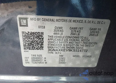 2019 Chevrolet Equinox Lt z USA, uszkodzony, nr VIN 3GNAXKEV9KS514772